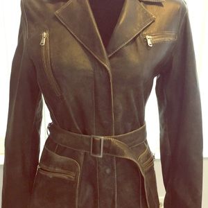 Dark gray faded Leather jacket with tan lining